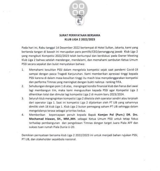 Surat kesepakatan penghentian liga 2