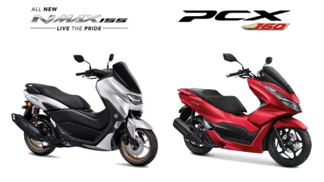 Gambar motor Nmax dan PCX yang masing-masing bewarna putih dan merah.