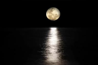Gambar bulan purnama yang tenggelam di tengah laut gelap.