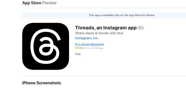 Tampilan toko aplikasi App Store yang menyediakan Platform baru Threads