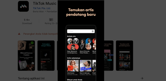 Tampilan toko aplikasi Google Play Store yang berisi TikTok Music