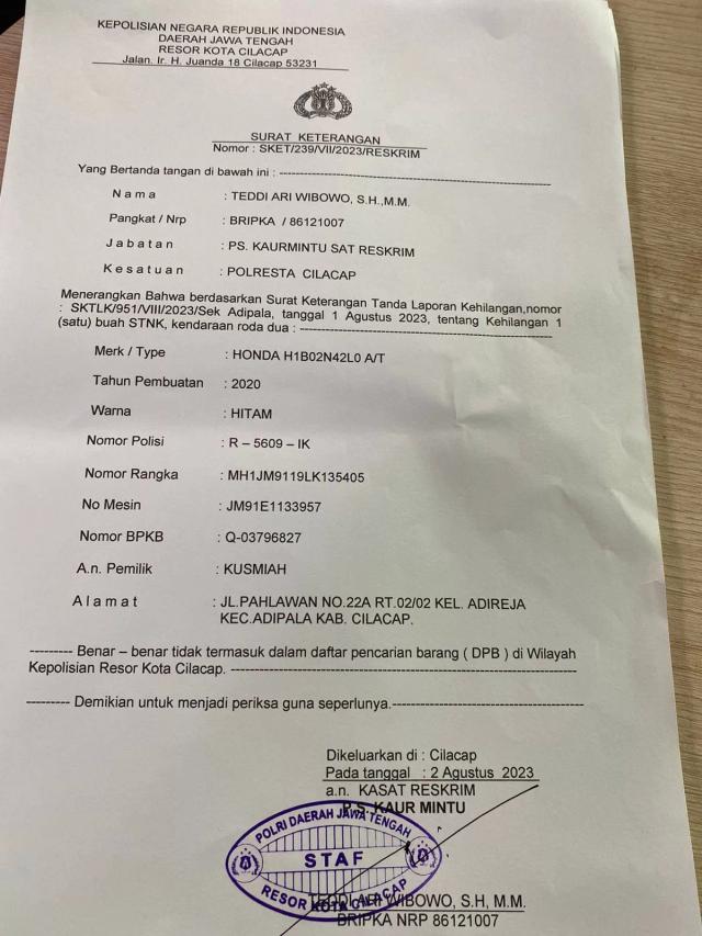 Warga Adipala Adireja Kehilangan STNK