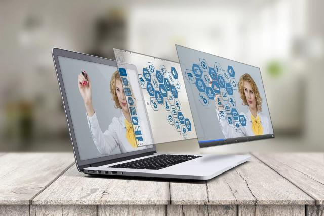 Gambar laptop dan isi konten 3D, ilustrasi stan Dispuspa Magelang di pameran virtual.