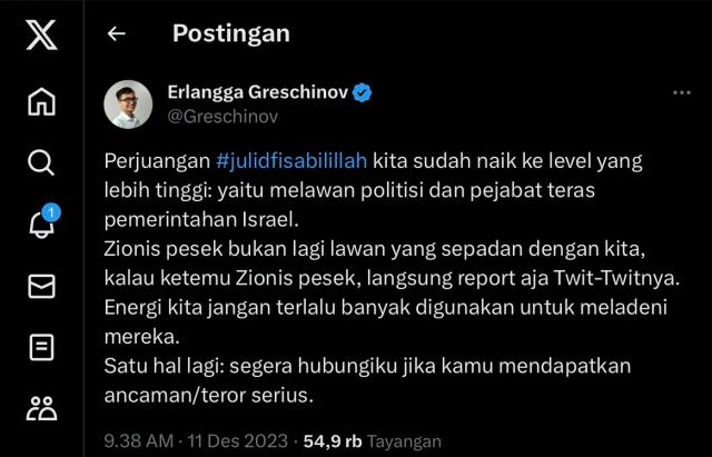 Cuitan Erlangga Greshcinov mengenai Israel/Layar Tangkap X @Greshchinov.