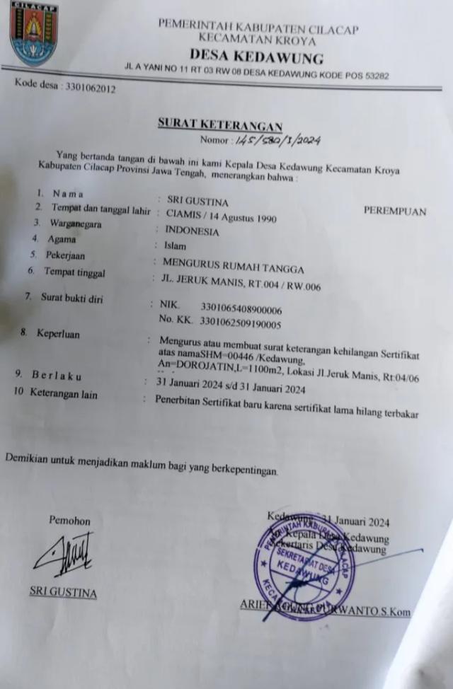 Warga kroya kehilangan sertifikat