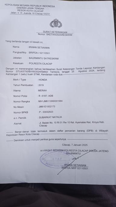 Warga Kroya kehilangan STNK