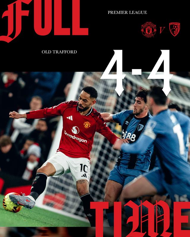 Bermain di kandang sendiri, Old Trafford, Manchester United harus puas berbagi poin setelah ditahan imbang Bournemouth dengan skor dramatis 4-4, Selasa (16/12/2025).
