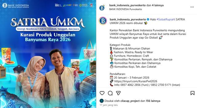 Kantor Perwakilan Bank Indonesia (KPwBI) Purwokerto resmi membuka Kurasi Produk Unggulan Banyumas Raya 2026 sebagai langkah strategis mendorong UMKM agar Go Digital dan Go Global.