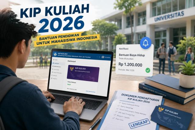 Mahasiswa sedang mengakses portal KIP Kuliah di laptop untuk mengecek status bantuan pendidikan.