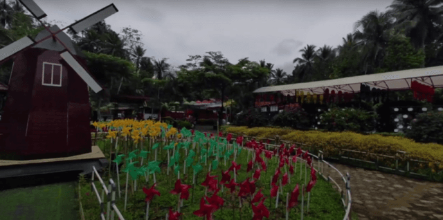 Gambar sebuah miniatur kincir angin dan tamban bunga di salah satu tempat wisata di Purbalingga