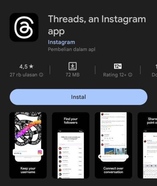 Potret Platform Threads di aplikasi Google Play Store