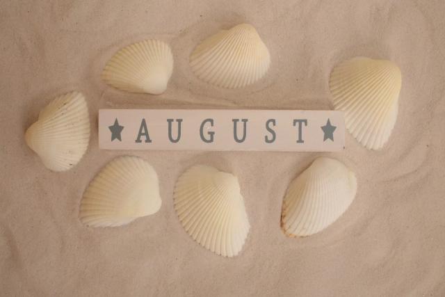 Gambar bebatuan yang di atata rapi dengan tulisan 'August' di tengahnya, ilustrasi quotes bulan Agustus.