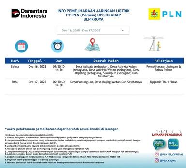 Flayer informasi pemeliharaan jaringan listrik di wilayah ULP Kroya. (PLN ULP Kroya).
